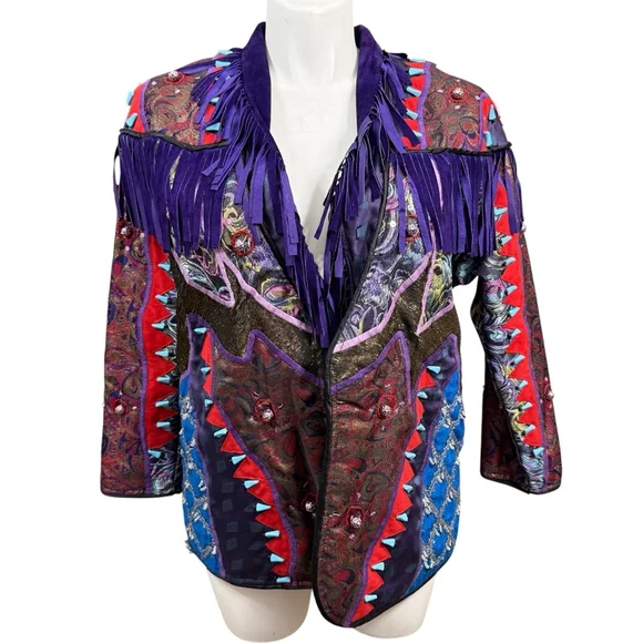 Vintage Judith Roberts Mexico Patchwork Fringe Jacket Beaded Western L/XL - Picture 10 of 16